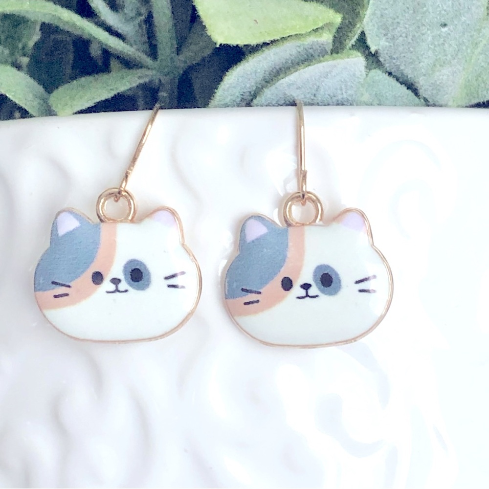 New Calico Kitten Cat Dangle Drop Earrings Cute Fun Pet Cartoon Anime Kitty Gift